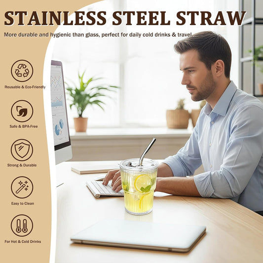 6 Packs Ribbed Glass Tumbler with Lid and Straw Ice Coffee Cup Employee Christmas Appreciation Gift Idea Bulk Team Boss End Year Work Office Staff Coworker Team Group Colleague Teamwork Thank You