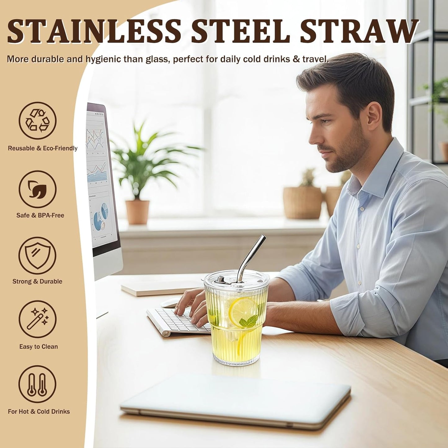 12 Packs Ribbed Glass Tumbler with Lid and Straw 13 oz Cute Ice Coffee Cup Set Bulk Vasos de Vidrio Con Tazas Para Cafe Cocina Accesorios Home Bar Accessories New Home House Warming Gift Kitchen Stuff