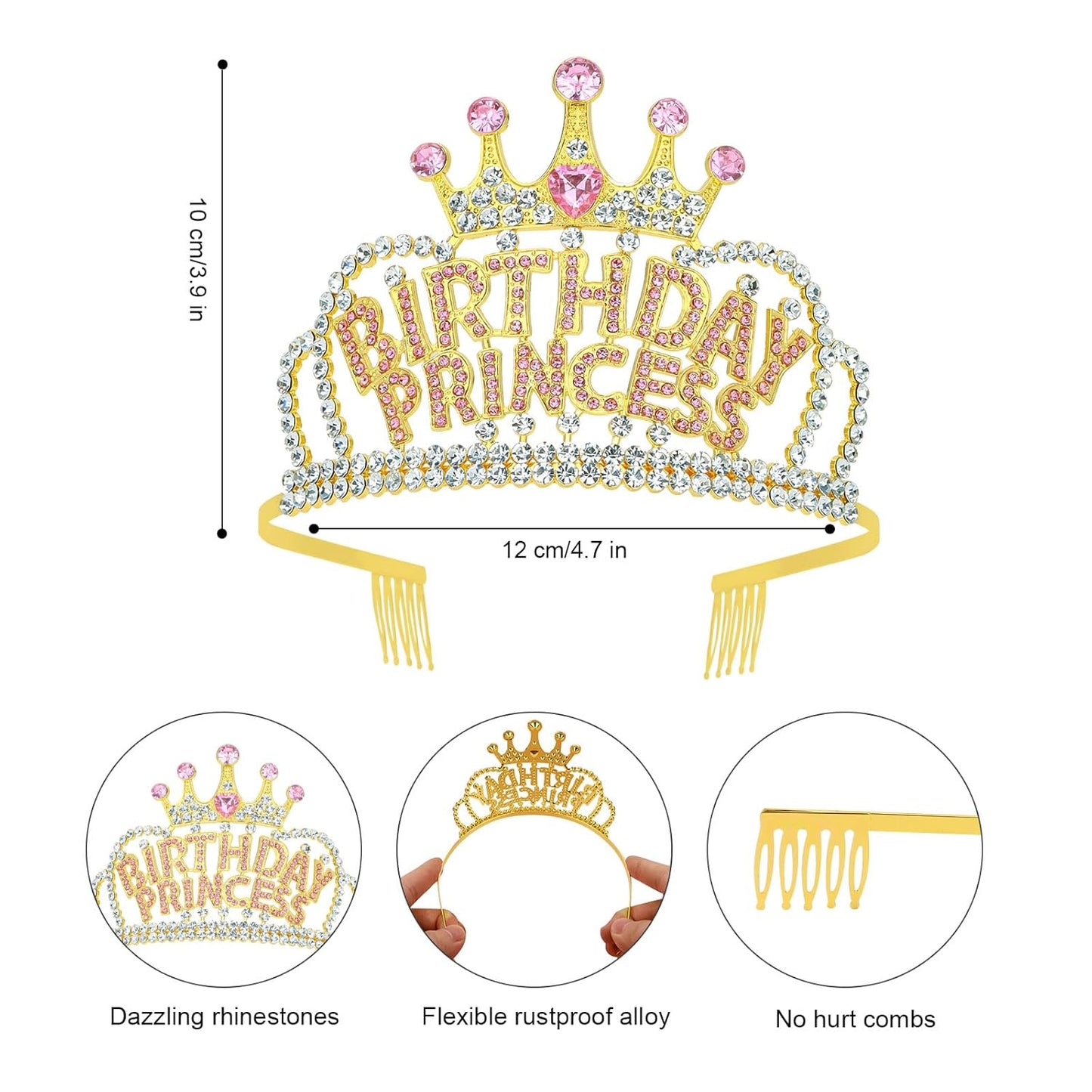 Wecoe Birthday Crown Gold Princess Rhinestone Tiara with Combs Happy Birthday Party Favors Pink Decorations 16th 18th 21st 25th Gifts for Her