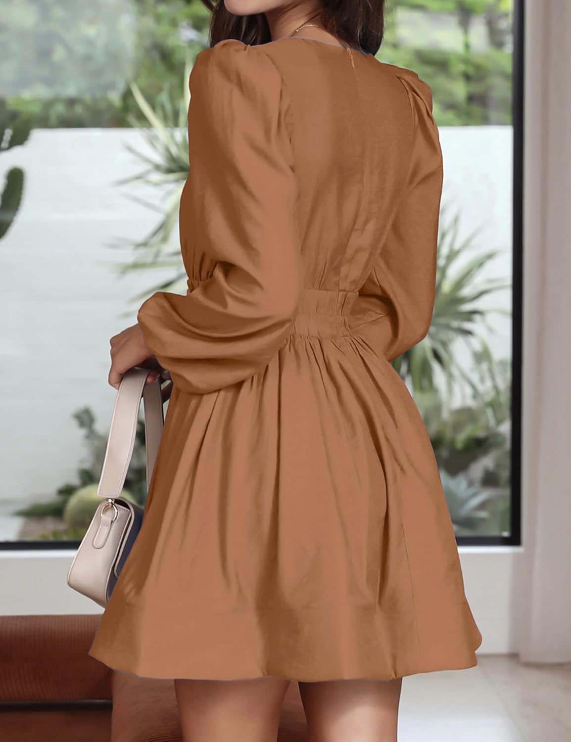 FAIABLE Mini Deep V Sexy Long Sleeve Dress for Women A-line High Waisted Casual Flowy Dress for Cocktail Wedding Guest