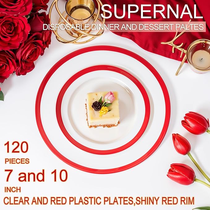 supernal 120pcs Clear and Red Plastic Plates Disposable Heavy Duty Fancy Unique Red Disposable Dinnerware Include Dinner and Dessert Size Perfect for Valentine's Day Party and Wedding