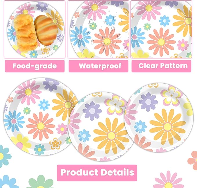96PCS Boho Pastel Party Paper Plates and Napkins for Groovy Daisy Retro Boho Party Dessert Cake Plates Disposable Tableware Supplies for Baby Shower Birthday Wedding Seasonal Holiday Decorations