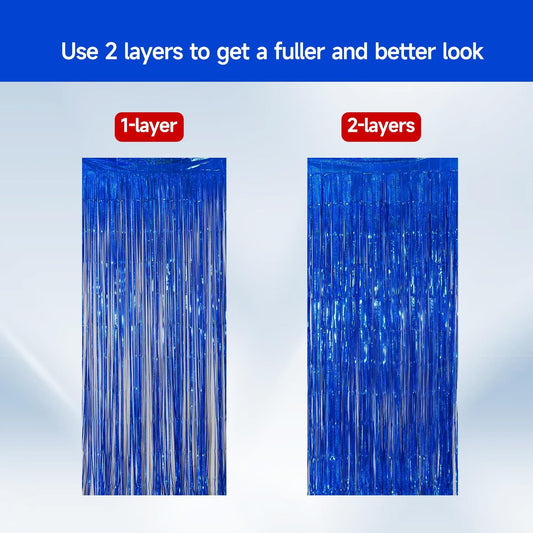 QRabbit 4 Pack Backdrop Curtains, Blue Foil Fringe Curtain Tinsel Backdrop, Party Streamers for Birthday Graduation Engagement Wedding Baby Shower Christmas Party Decorations