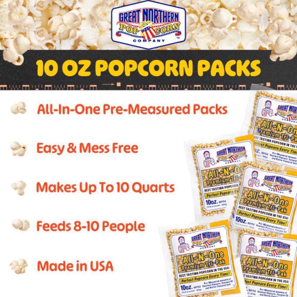 10oz Popcorn Machine Popcorn Packets - All-in-One Movie Theater Style Popcorn Kernels, Salt, and Oil Packs by Great Northern Popcorn (24 Case)