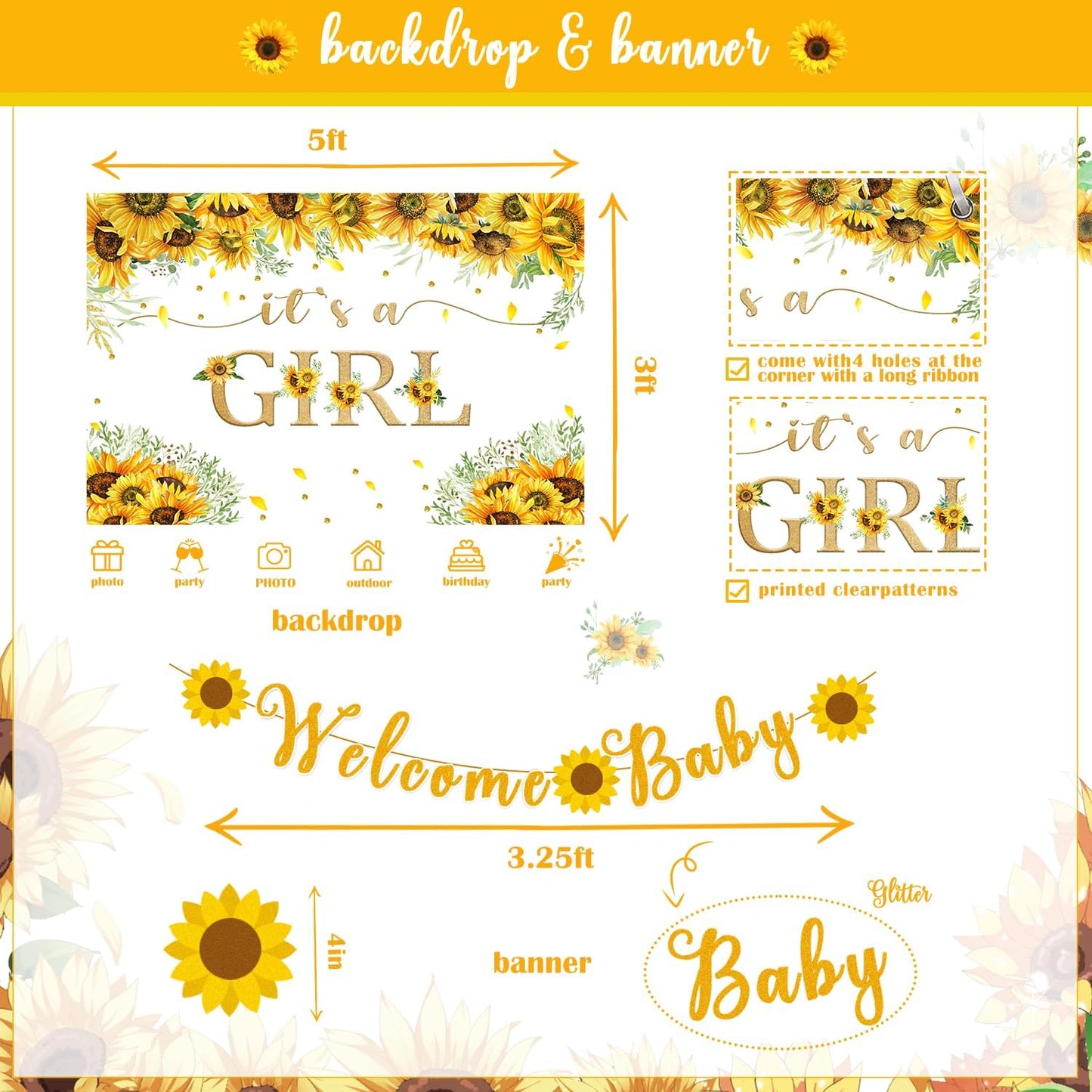 Sunflower Baby Shower Decorations for Girl, Yellow Baby Girl Shower Décor, Mommy To Be Sash&Pin Boxes Sunshine Sunflower Cake Cupcake Toppers Balloon Arch Backdrop, It's a Girl Baby Shower Supplies