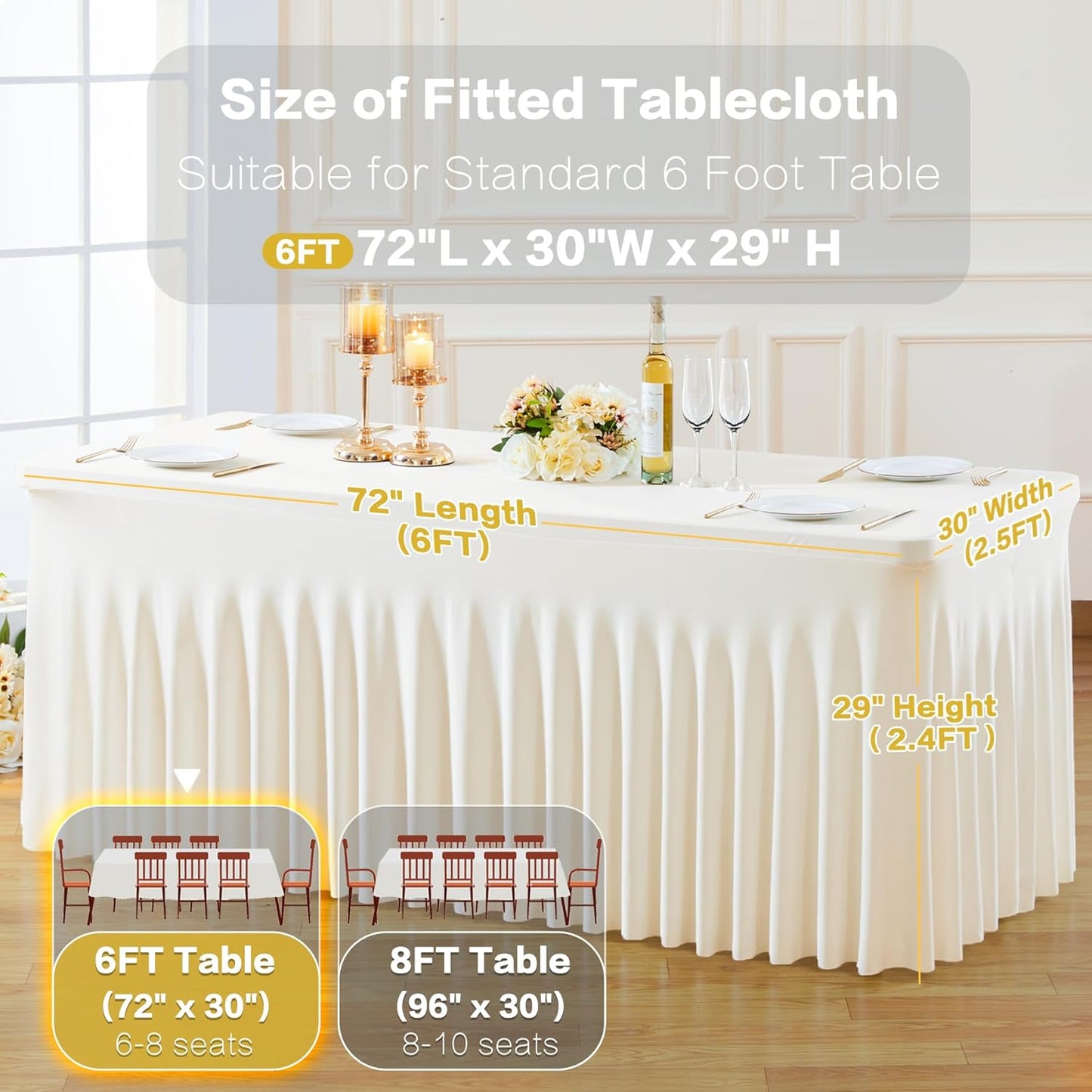 6 Pack Spandex Ivory Fitted Table Cloth for 6ft Rectangle Tables Ivory Stretch Tablecloth Table Covers Banquet Table Clothes Wrinkle Free Table Skirt for Parties Wedding