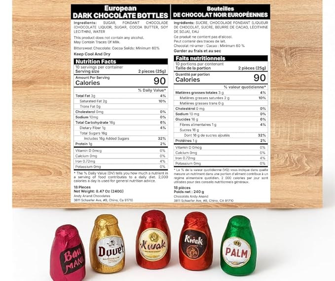 Andy Anand Chocolatier European Beer Flavored Dark Chocolate Bottles, Filled with Top-Shelf Beer, Gluten Free Assorted Flavors Chocolates, Packed in a Wooden Gift Box (18 Pcs)