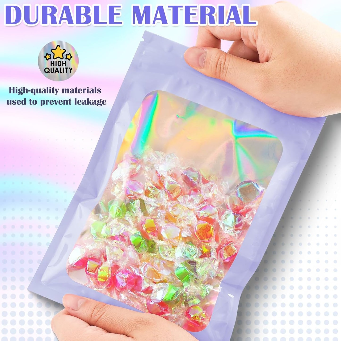 100 Pcs Mylar Bags, Smell Proof Bags Foil Pouch, Holographic Resealable Bags for Small Business, Candy Sample Jewelry Bag Sealable Packaging for Party Favor Food Storage (4x6in-Purple)