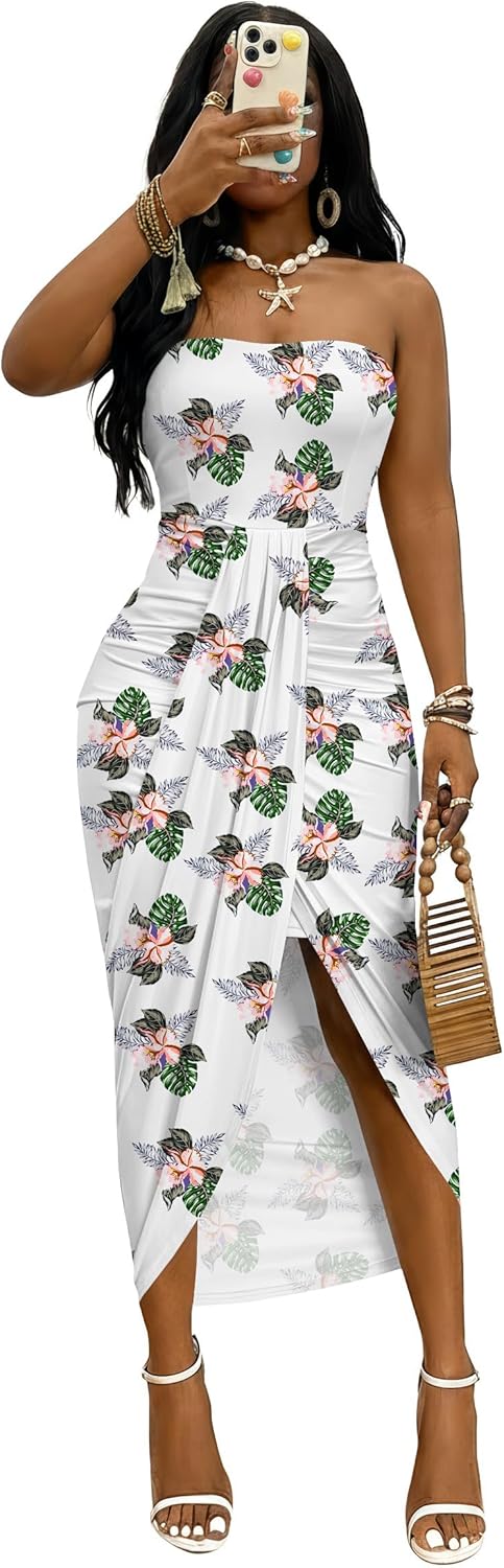 Umenlele Women's Strapless Ruched High Waist Wrap Split Asymmetrical Beach Maxi Long Dress