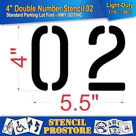 Pavement, Curb, and WheelStop Stencils - 4 inch Double Number Stencil - (02) - 4" x 5.5" x 1/16" (63 mil) - Light-Duty
