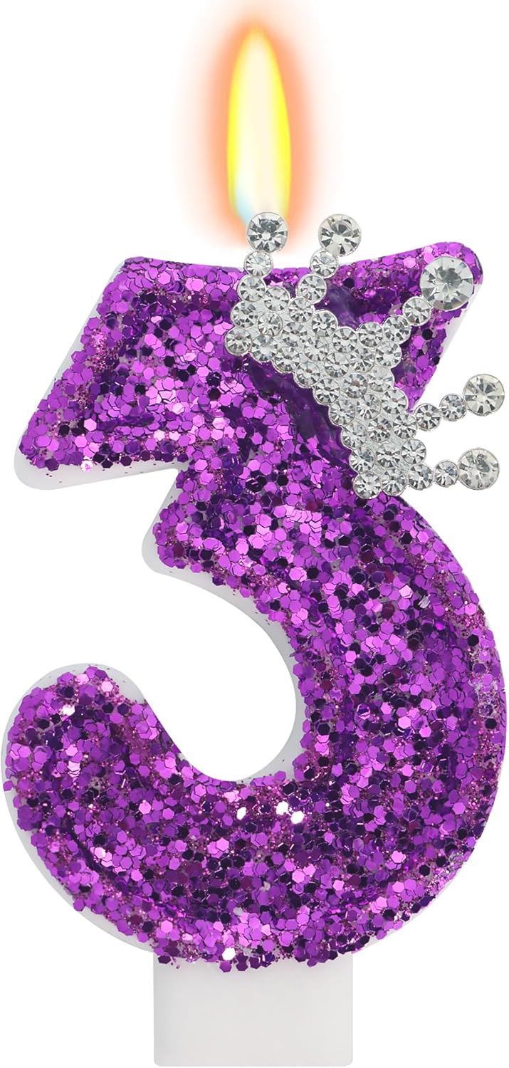 Birthday Candle for Cake, Crown Purple Number Candles, 2.76 inch Cake Topper Decoration for Birthday Party (Number 3)