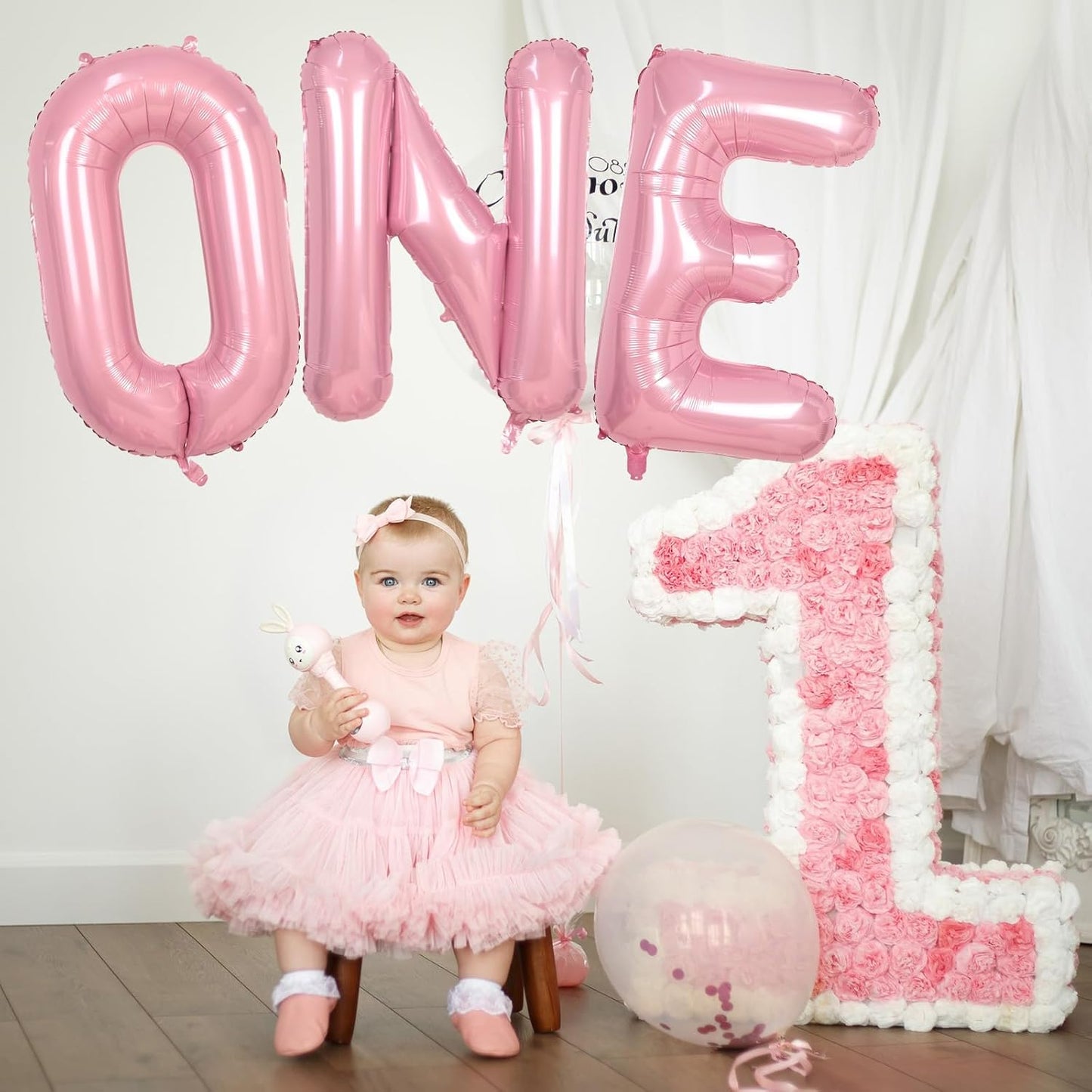 40 Inch Pastel Pink ONE Balloon for 1st Birthday - Light Pink Letters With Ribbon - Baby Pearl Alphabet for Girls First Birthday, 1 Year Old Baby Shower Party Decorations