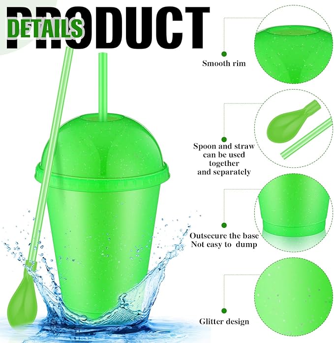 6 Set Slushie Cups with Dome Lids and Straws Detachable Spoon Straws Reusable Plastic Iced Coffee Cups Smoothie Tumbler for Birthdays Summer Party Supplies(Green,16 oz)