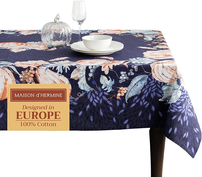 Maison d' Hermine Table Cloth Square Table 100% Cotton 60 x 60 Inches Fall Tablecloth Reusable Everyday Use for Thanksgiving Christmas Decorations Dining Farmhouse Party (Pumpkin Blues)