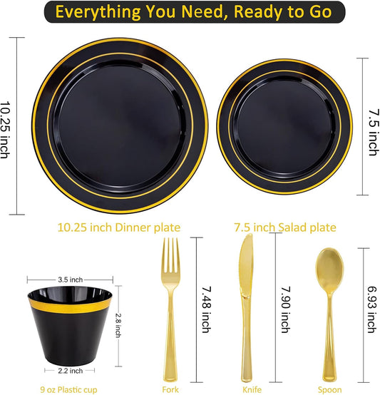WELLIFE 350PCS Black and Gold Plastic Plates - Plastic Dinnerware Set for 50 Guests,Include 50 Dinner Plates, 50 Dessert Plates, 50 Black Cups 9 OZ, 50 Pre Rolled Napkins with Gold Silverware