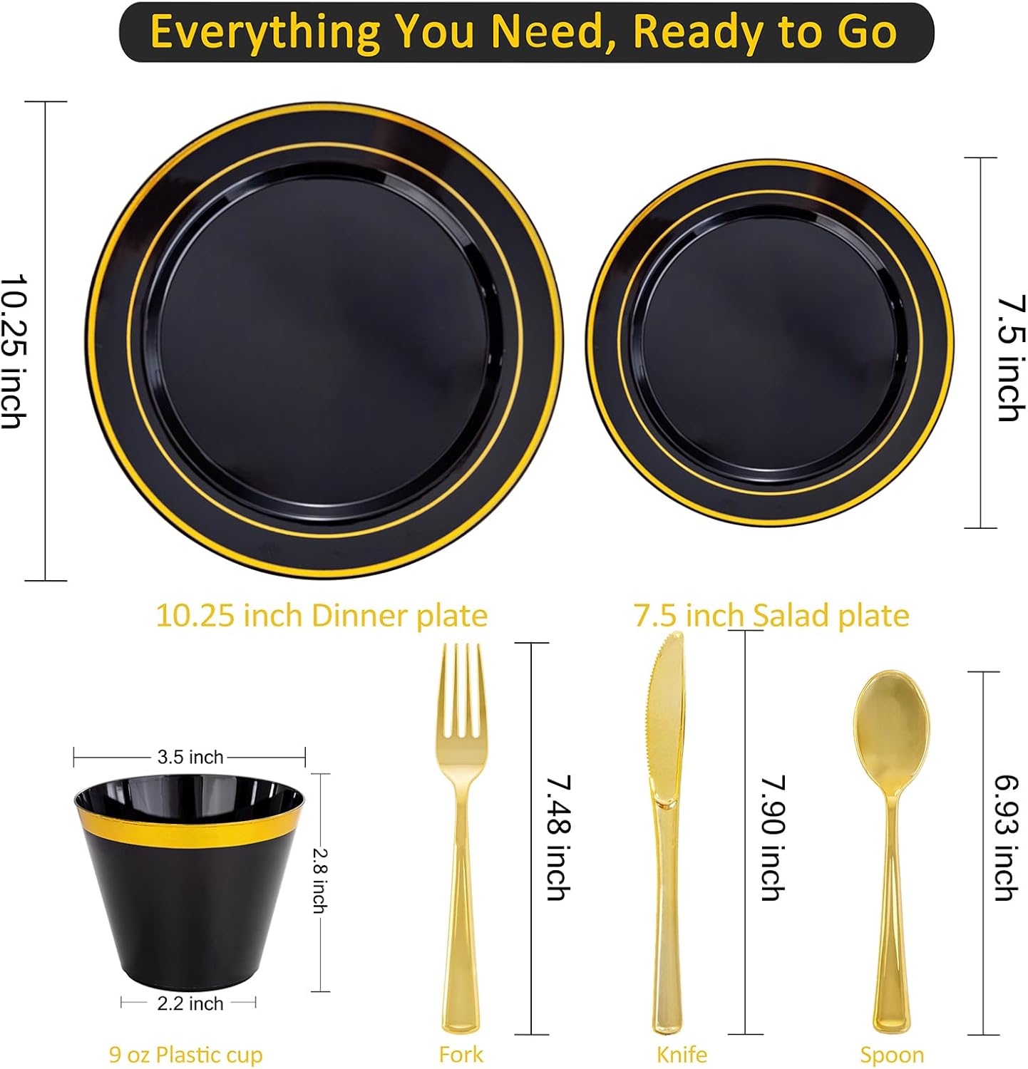 WELLIFE 210PCS Black and Gold Plastic Plates - Plastic Dinnerware Set for 30 Guests,Include 30 Dinner Plates, 30 Dessert Plates, 30 Black Cups 9 OZ, 30 Pre Rolled Napkins with Gold Silverware