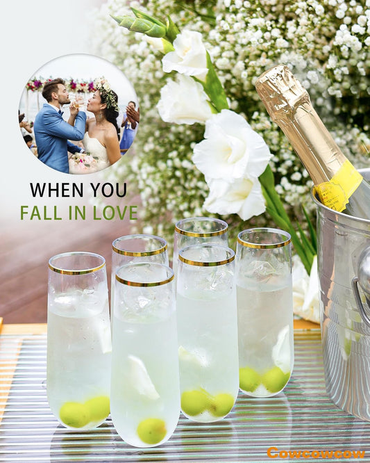 48 Pcak Champagne Flutes Plastic, 9 Oz Disposable Stemless Mimosa Gold Rim Toasting Glasses, Clear Crystal Plastic Cocktail Cups for Party Wedding Birthday
