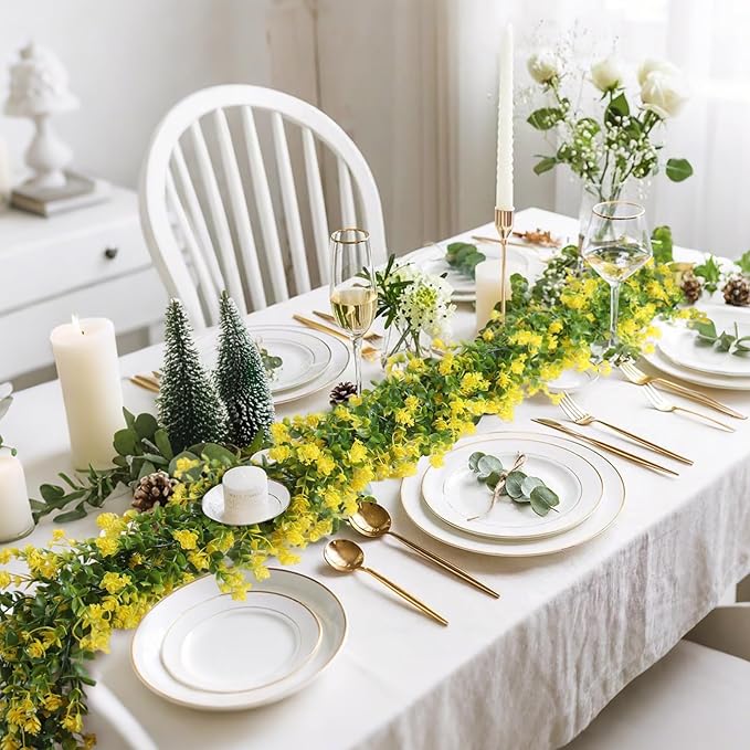 RECUTMS Hanging Garland Plants Artificial Eucalyptus Garland Fake Hanging Eucalyptus Leaf Garlands with Flowers Faux Vine Plants for Indoor Outdoor Spring Thanksgiving Wall Arch Wedding Decor(Yellow)