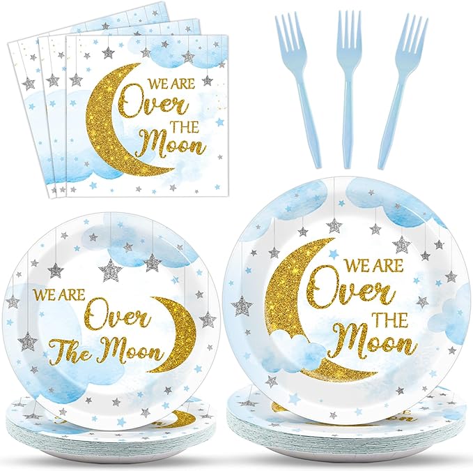 96Pcs Moon and Stars Party Paper Plates and Napkins Blue Moon Celestial Baby Shower Party Supplies Tableware Gender Reveal Little Star Birthday Disposable Plates for Birthday Gatherings Decorations