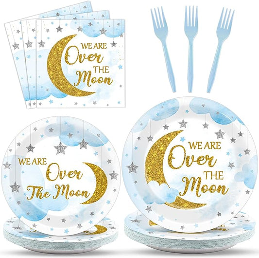 96Pcs Moon and Stars Party Paper Plates and Napkins Blue Moon Celestial Baby Shower Party Supplies Tableware Gender Reveal Little Star Birthday Disposable Plates for Birthday Gatherings Decorations