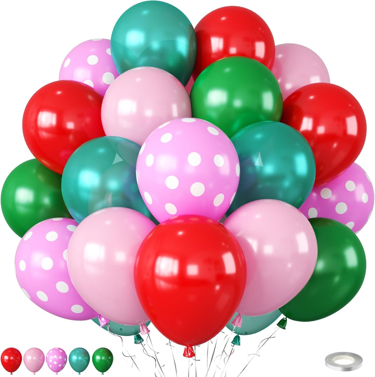 Christmas Balloons, Red Pink Green Balloons with Pink Polka Dots Print Balloon, Pearl Turquoise Blue Dark Green Xmas Party Balloon for Christmas Birthday Carnival New Year Holiday Party Decorations