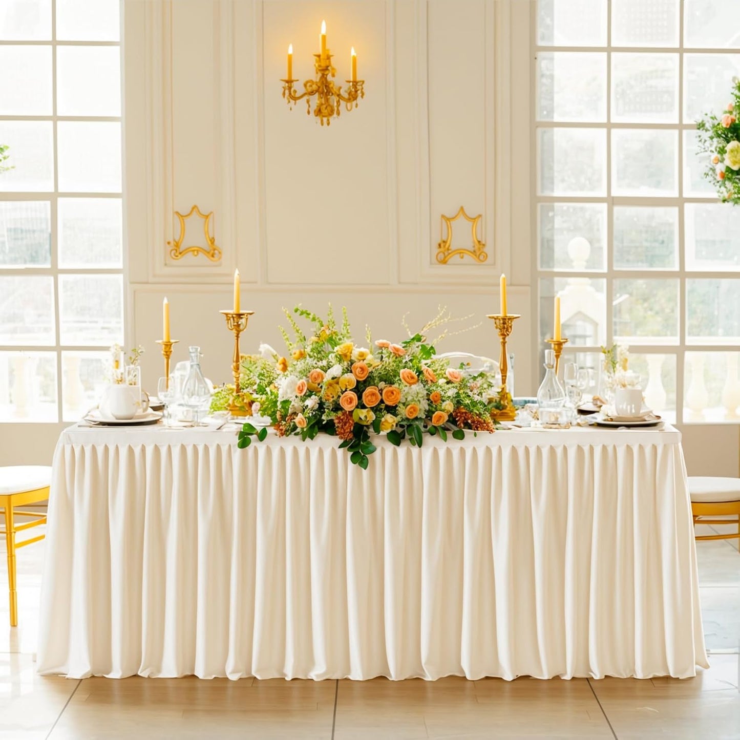Light Champagne Table Clothes for Rectangle Tables 6ft, Wrinkle Resistant Fitted Table Cloth with Pleated Ruffle Skirts for Banquet Wedding Baby Shower Folding Tables