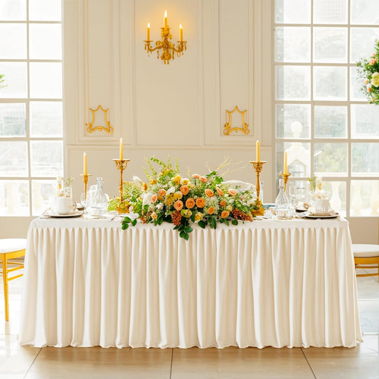 Light Champagne Table Clothes for Rectangle Tables 6ft, Wrinkle Resistant Fitted Table Cloth with Pleated Ruffle Skirts for Banquet Wedding Baby Shower Folding Tables
