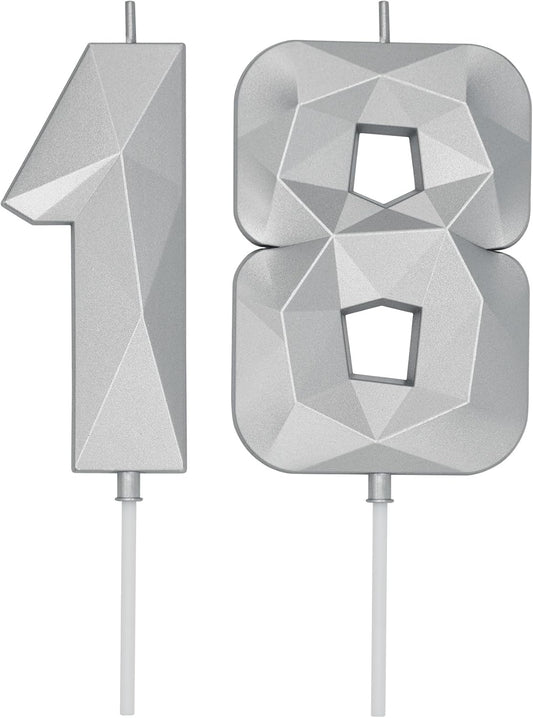 DERVENTA Birthday Candle Big Number 3D Silver 3.7 inch Party Celebration Anniversary Decoration Cake Topper 1 Piece (Number 18 Silver)