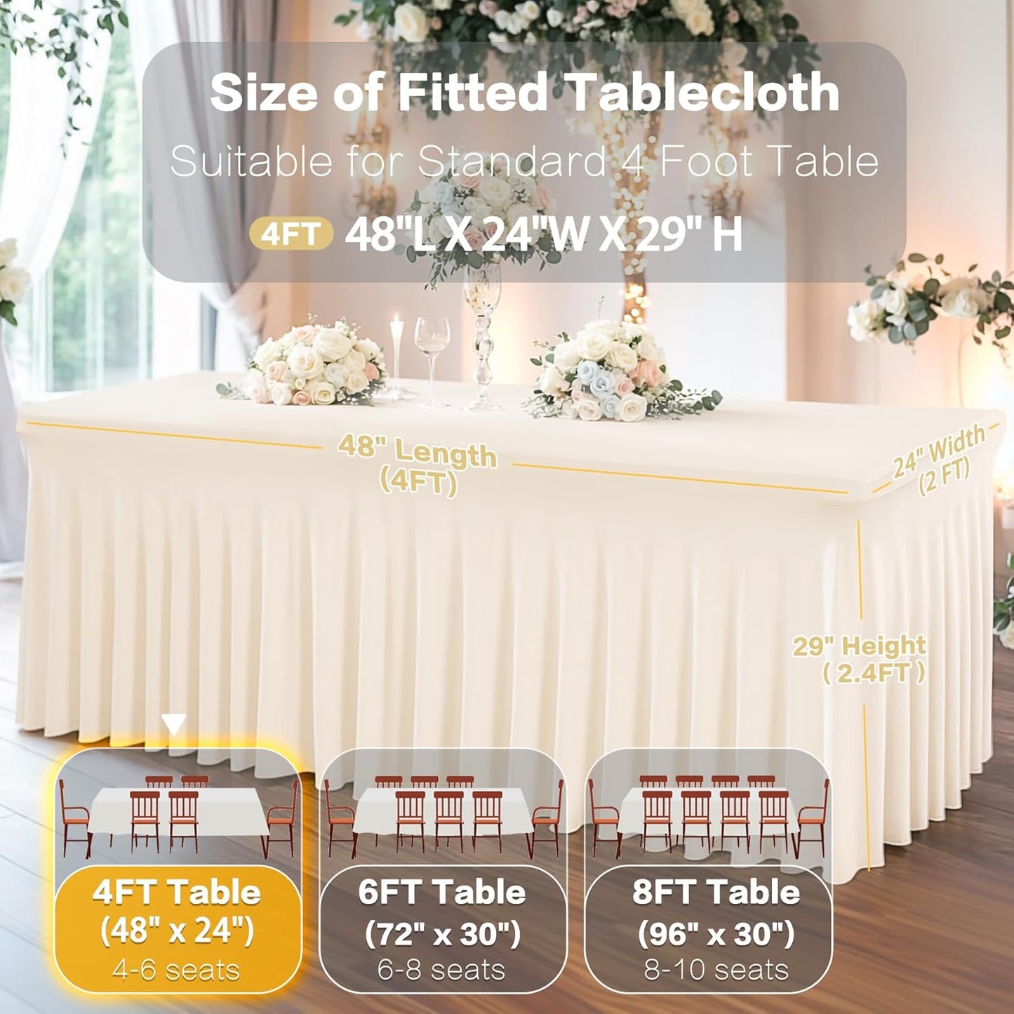 2 Packs Ivory Spandex Table Clothes for 4 Foot Rectangle Table, Spandex Table Covers 4FT Stretch Table Skirts Rectangle Tables Wrinkle Free Fitted Table Cover for Event, Wedding, Banquet & Parties