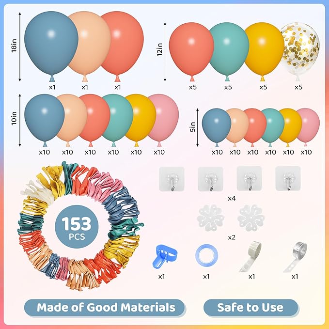 Amandir 153pcs Boho Balloon Arch Garland Kit, Different Sizes 18 12 10 5 inch Dusty Blue Blush Pink Rainbow Balloons for Here Come the Son Baby Shower Colorful Dinosaur Boho Birthday Party Decorations