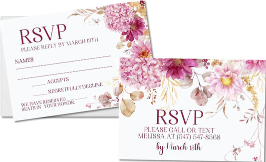 Pink Wedding Invitations, Shades of Pink Floral, Personalized, Set of 12 Invitations with Envelopes