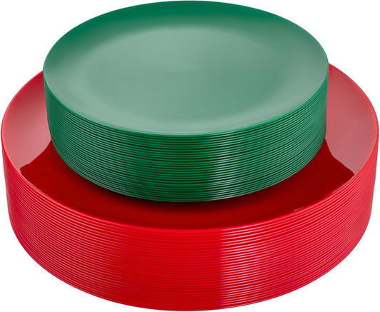 KIRE 60Pcs Plastic Plates, Premium Disposable Christmas Dinner & Dessert Plates, Modern Design, Green & Red, 30 of Each, All Seasons, 7.5inch/10.25inch, 0.1lbs, for Parties & Easter