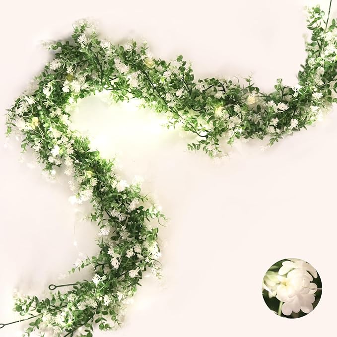 RECUTMS Greenery Vines Garland 3 Pack Artifical Garland with Lights Hanging Greenery Table Garland Greenery Artificial Green Leaves for Mantel Wedding Backdrop Arch Wall Indoor Outdoor Decor(White)