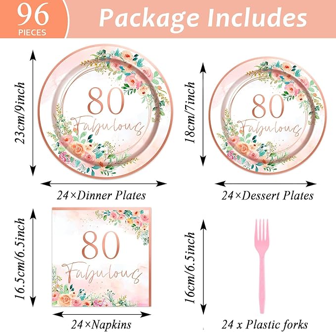OBUSATT 96Pcs Floral 80 Fabulous Party Supplies 80th Birthday Paper Plates Napkins Rose Gold Party Decorations 80 Years Dinnerware Party Favor Women 80th Tableware Serves 24