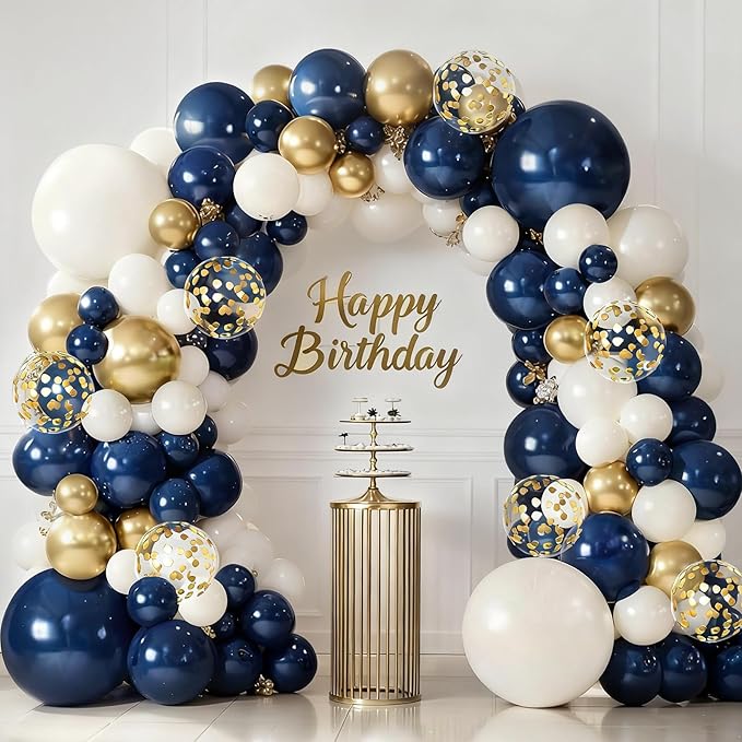 Blue and Gold Balloons Arch Kit, Navy Dark Blue Latex Balloon Arch Kit with Chrome Gold Sand White Balloons Garland and Gold Confetti Balloons for Wedding Boy Birthday Gender Reveal Party Decoration