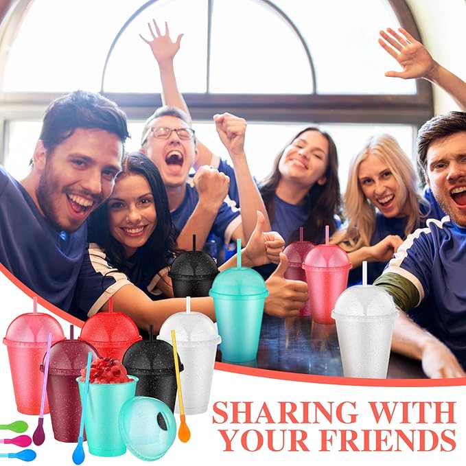 6 Set Slushie Cups with Dome Lids and Straws Detachable Spoon Straws Reusable Plastic Iced Coffee Cups Smoothie Tumbler for Birthdays Summer Party Supplies(Multi Color,16 oz)