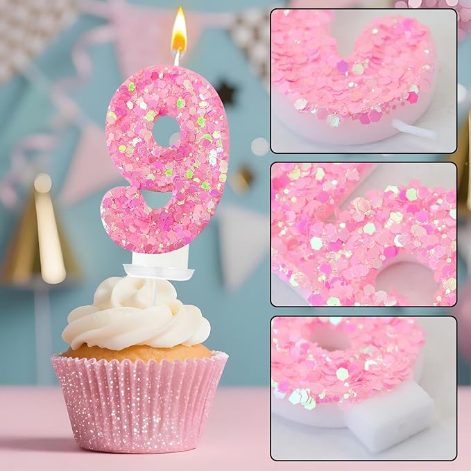 Zailo Birthday Number Candles, Glitter Number Candle Cake Decorations with Sequins, Cupcake Decorations for Girls, Women, Party Anniversary Celebrations (Number 9, Light Pink)