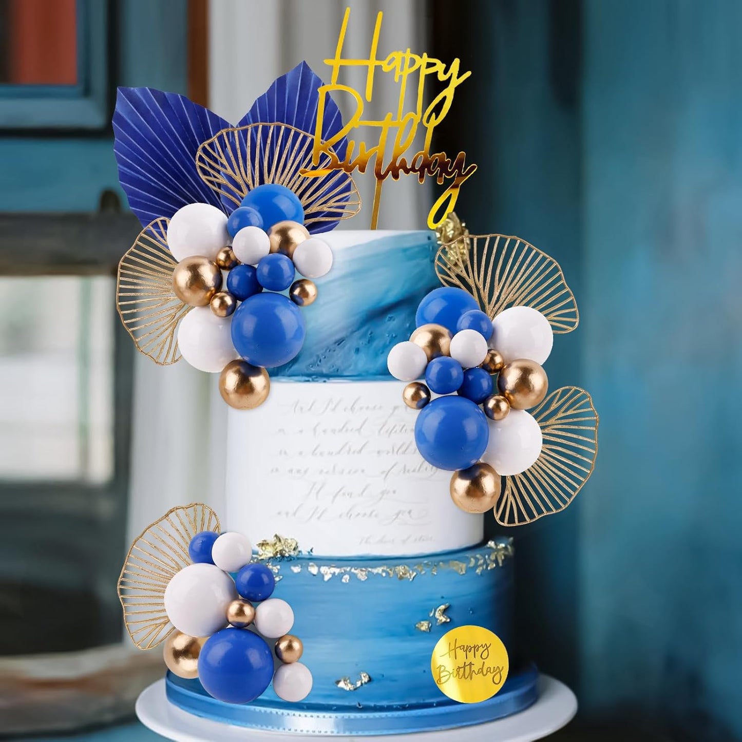 MEMOVAN Blue White Gold Ball Cake Toppers Balls Cupcake Toppers Foam Ball Shaped Cake Picks DIY Balloon Cake Insert Topper Ball Birthday Cake Decorations for Birth Boho Wedding Baby Shower Party