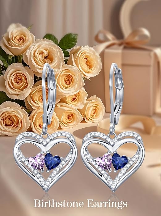 Valentines Day Gifts for Women, Heart Leverback Earrings Double Birthstone Dangle Earrings for Women, Love Jewelry for Her, Anniversary Birthday Gift for Mom Wife Girlfriend