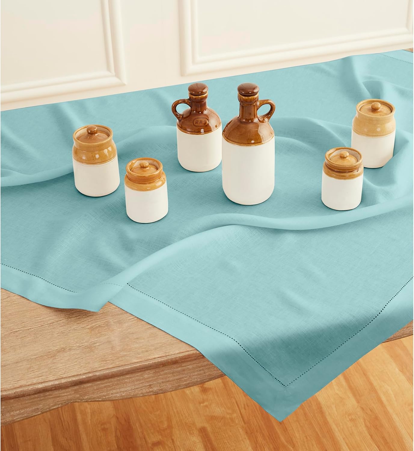 Solino Home Linen Square Tablecloth 52 x 52 Inch - 100% Pure Linen Aqua Blue Table Throw - Classic Hemstitch, Machine Washable Table Cloth