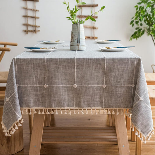 Cotton Linen Tablecloth, Tassel Stitching Table Cloth, Wrinkle Free Farmhouse Table Cover for Kitchen Dining, Party, Holiday (Rectangle, 55''x102'', 8-10 Seats, Plaid Grey)