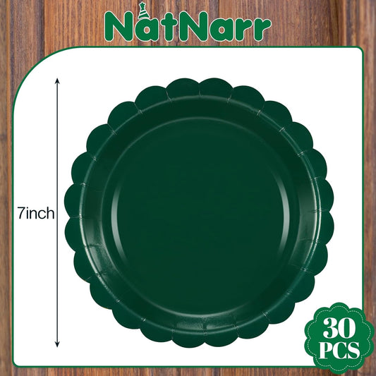 30 Pcs Dark Green Plates Disposable 7 Inch Scalloped Christmas Paper Plates Dessert Cake Plate Cute Party Plate for Wedding, Birthday, Holiday