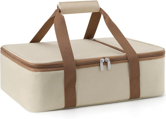Insulated Casserole Carrier for Hot or Cold Food,Pie Carrier Bag Lunch Tote for Potluck Parties/Picnic/Cookouts, Fits 9"x13" Baking Dish,Single Beige