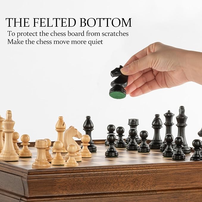 A&A 15 inch Walnut Wooden Chess Set with Storage Drawer, Triple Weighted Pieces, 3.0 inch King Height, Walnut & Maple Inlay, 2 Extra Queen, Classic 2 in 1 Chess and Checkers Board Game