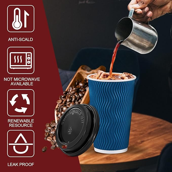 Lamosi 16 OZ Disposable Coffee Cups with Lids 50 Pack, Paper Insulated Corrugated Ripple Wall Cup for Hot Beverages
