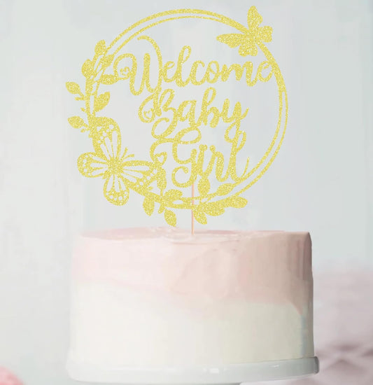 Welcome Baby Girl Cake Topper - Rose Gold Glitter Baby Shower Cake Decorations, Baby Girl Cake Topper, for Baby Shower/Birthday Party/Gender Reveal Party Photo Booth Props (Gold)