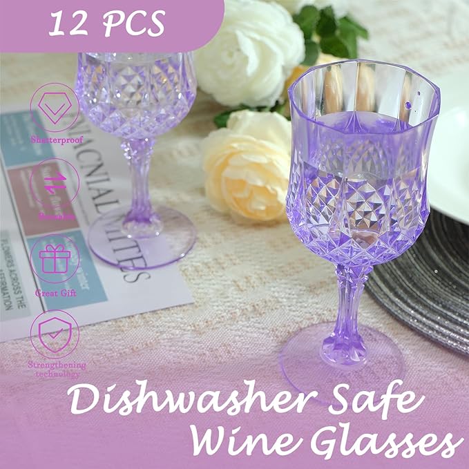 Plastic Wine Glasses, Plastic Goblets Vintage Style Cordial Unbreakable Drinking Glasses, Reusable Drinkware for Wedding Reception, Grand Event Party Supplies, Easter (12, Purple)