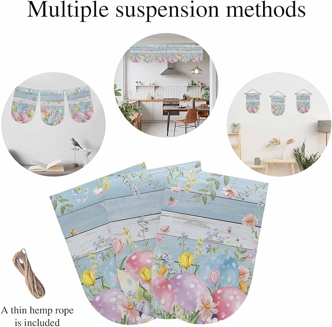 Easter Eggs Banner 3Pcs Indoor Outdoor Hanging Banner Flag Spring Daisy Eucalyptus Leaves Light Blue Wood Sign for Fireplace Mantel Decorative Bunting Garland Valance for Shop Door Decor 7.9"x11.8"