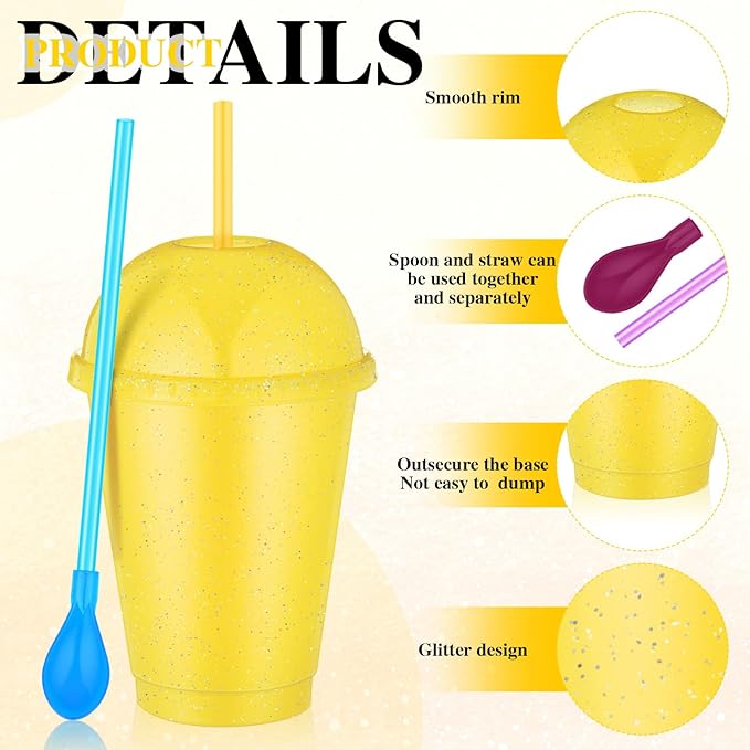 6 Set Slushie Cups with Dome Lids and Straws Detachable Spoon Straws Reusable Plastic Iced Coffee Cups Smoothie Tumbler for Birthdays Summer Party Supplies(Yellow,16 oz)