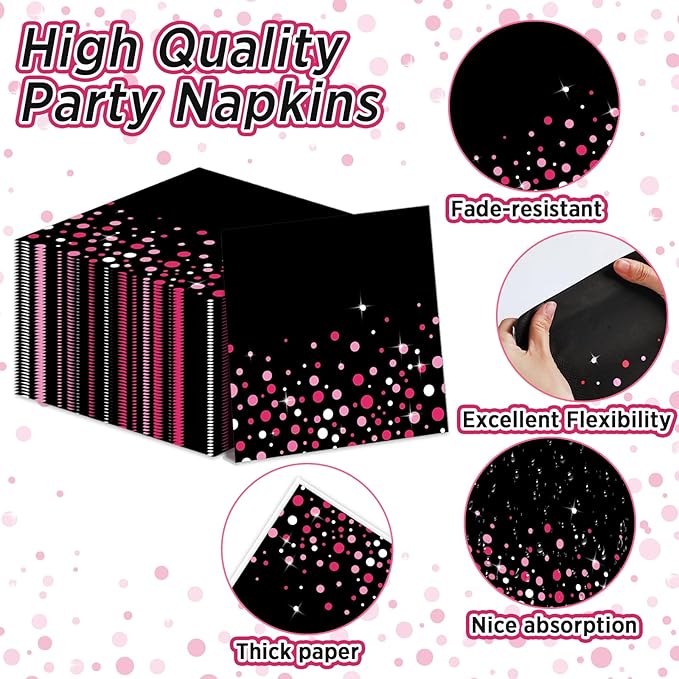 96PCS Hot Pink and Black Party Supplies Hot Pink Dots on Black Paper Plates Napkins Bachelorette Bridal Shower Party Decorations Girl Birthday Dinnerware Favor Coquette Tableware Serves 24